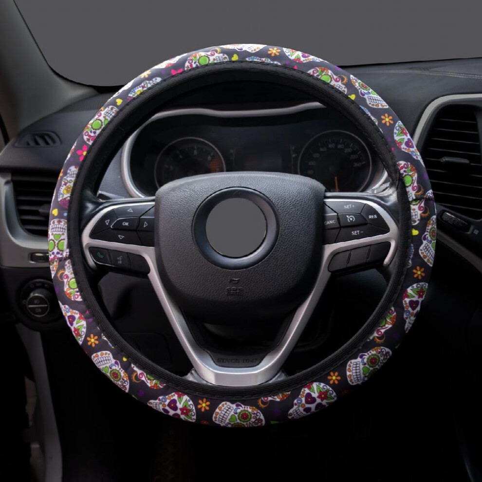 1Pc Colorful Skull Print No Inner Ring Steering Wheel Cover Universal Sugar Skull Steering Wheel Cover 885677465945