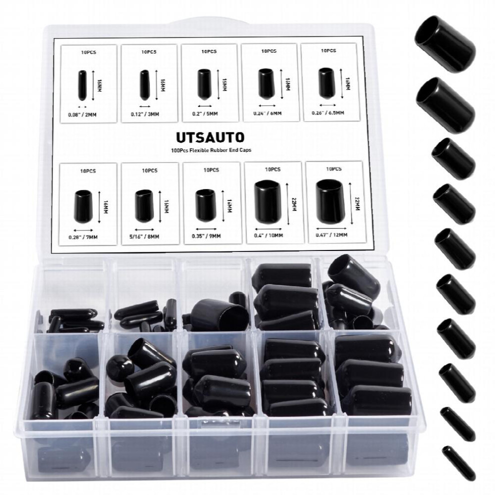 100Pcs Flexible Rubber End Caps Kit 10 Sizes For Tube Screw Bolt Protection 885677490961