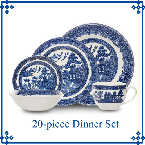 Blue Willow 20-pcs Dinner Set Ceramic Serving Plates Bowls Saucers Cups Antique