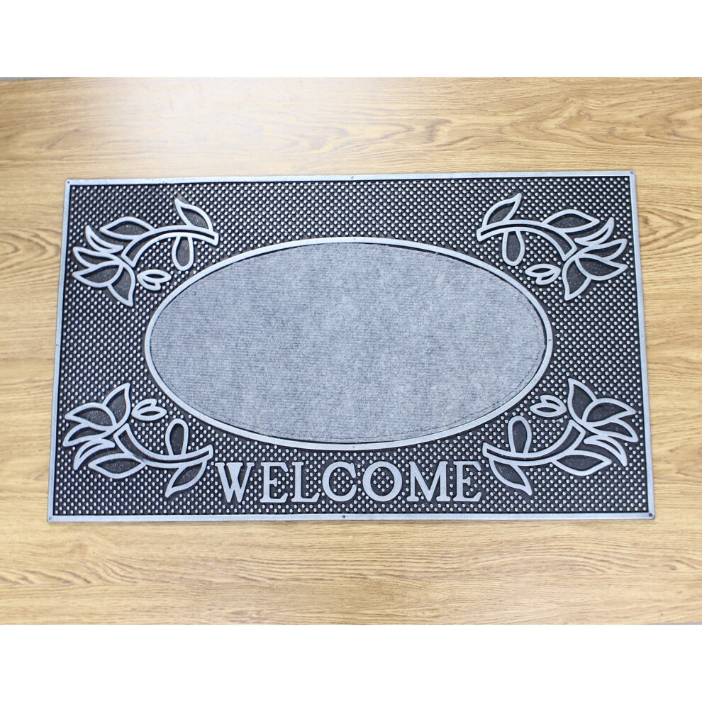 75x45cm Silver Welcome Design Classic Rubber Door Mat Entrance Rug Dirt Scraper