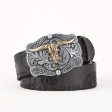 Cow Head Mens Leather Belt Retro Embossed Belt Western Cowboy Big Board Buckle Punk Style Leather Belt