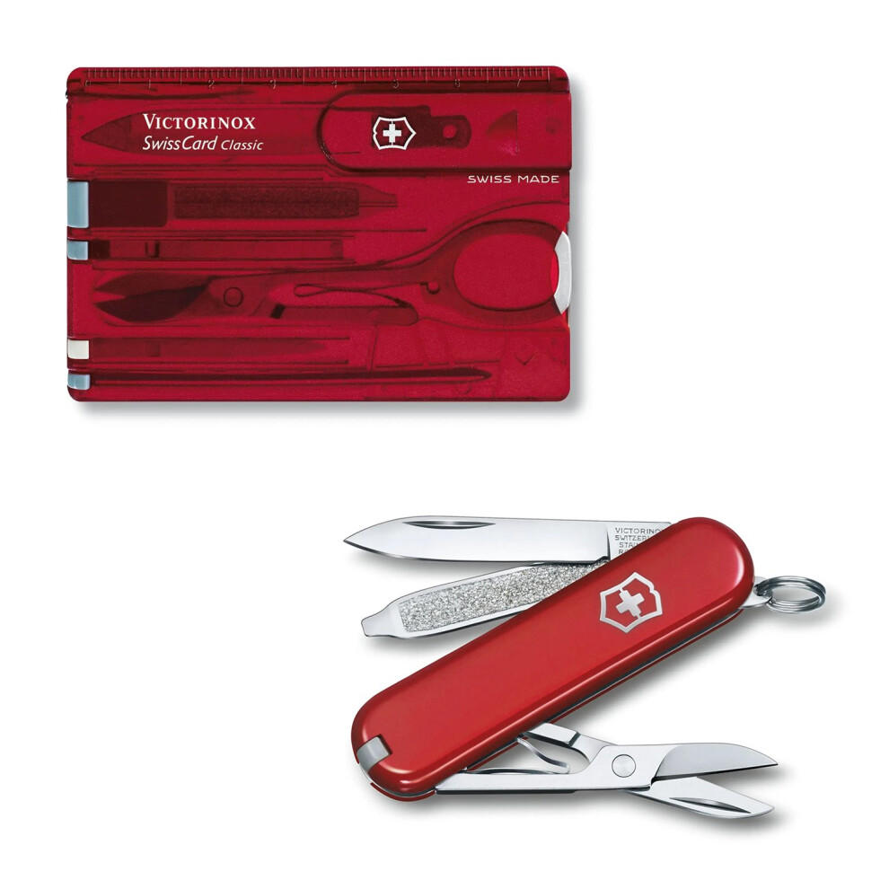 (red) Victorinox Swiss Army knife and SwissCard bundle - multi function pocket tools