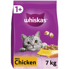Whiskas 1+ Adult Complete Dry Cat Food Chicken, 7kg - Supports 1+ Cat Daily Needs, Urinary Health, Vitamin A & Zinc (327228, ANI242578)