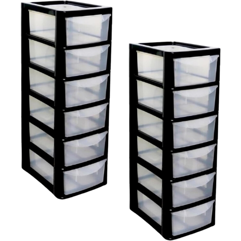 2x 6 Drawer Mini Storage Tower Unit Plastic Home Office Black