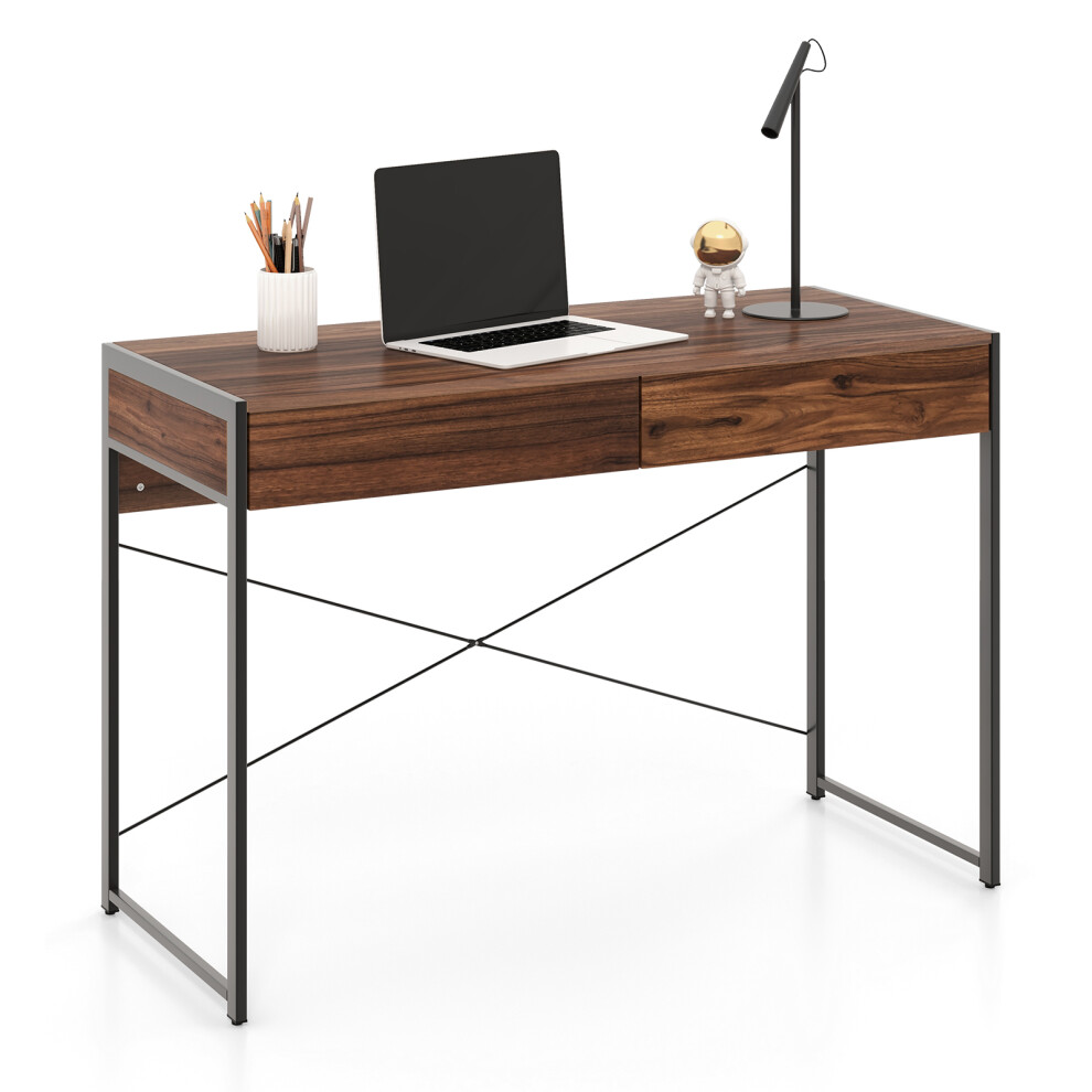 112cm Industrial Computer Writing Desk W/ 2 Drawers & Sturdy Metal Frame
