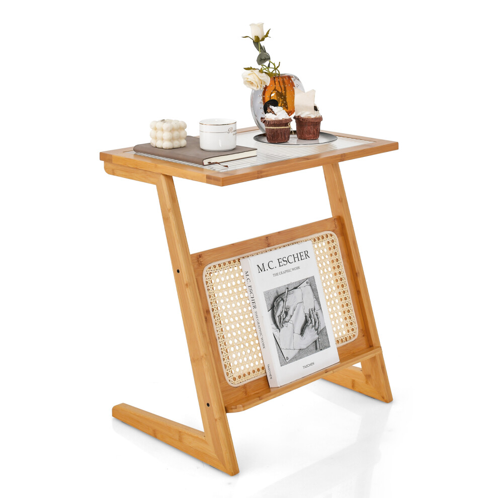 Z-shaped End Table Bedside Table Rattan Nightstand Magazine Rack Tempered Glass Top
