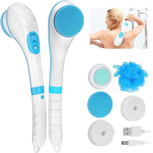 5 Heads Electric Rechargeable Body Brush Long Handle Bath Shower Back Scrubber