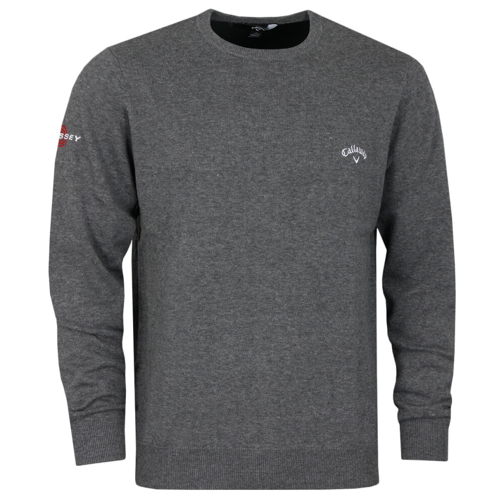 (M, Charcoal Heather) Callaway Golf Mens 2021 Odyssey Signature Tour Logo Knit Crew Neck Golf Sweater