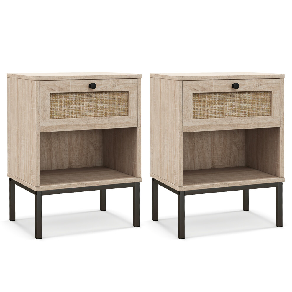 2 PCS Boho Style 2-Tier Bedside Table Compact End Table Wood Top Side Table Nightstand