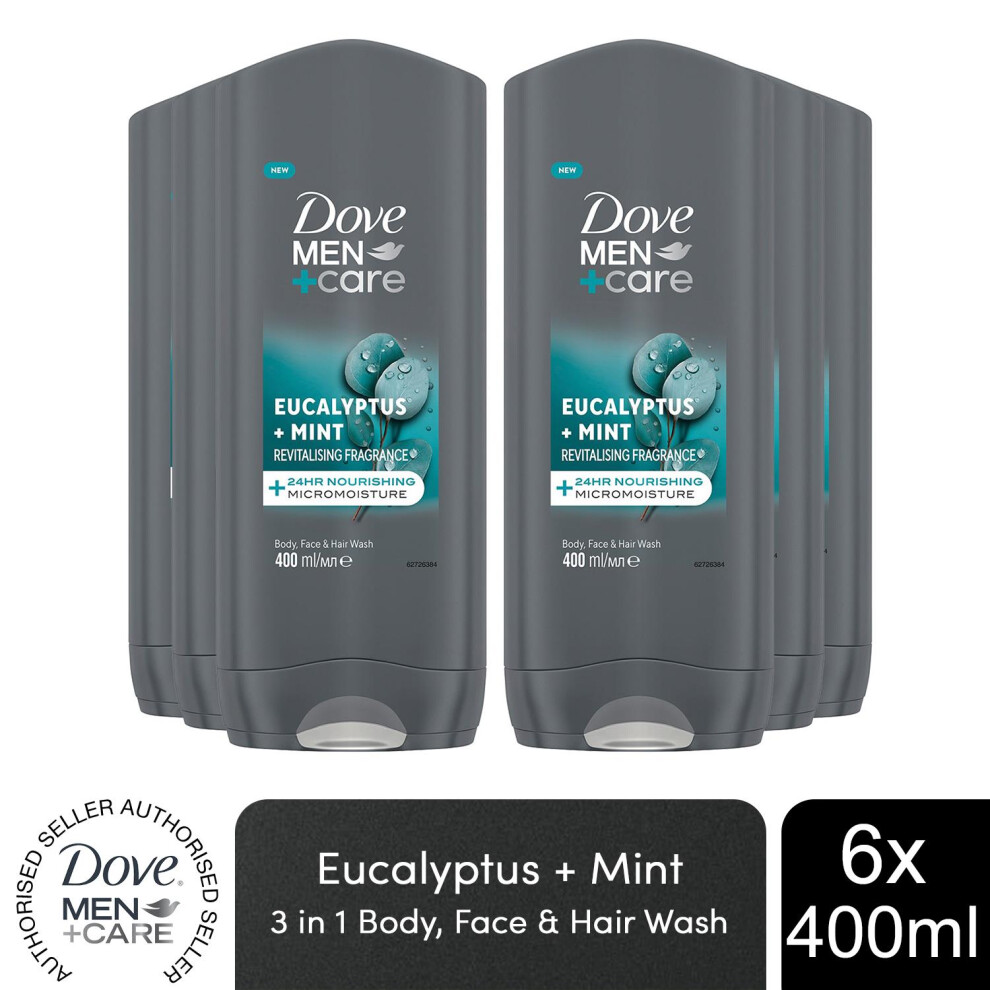 Dove Men+Care 3-in-1 Hair, Body & Face Wash Eucalyptus + Mint, 6x400ml