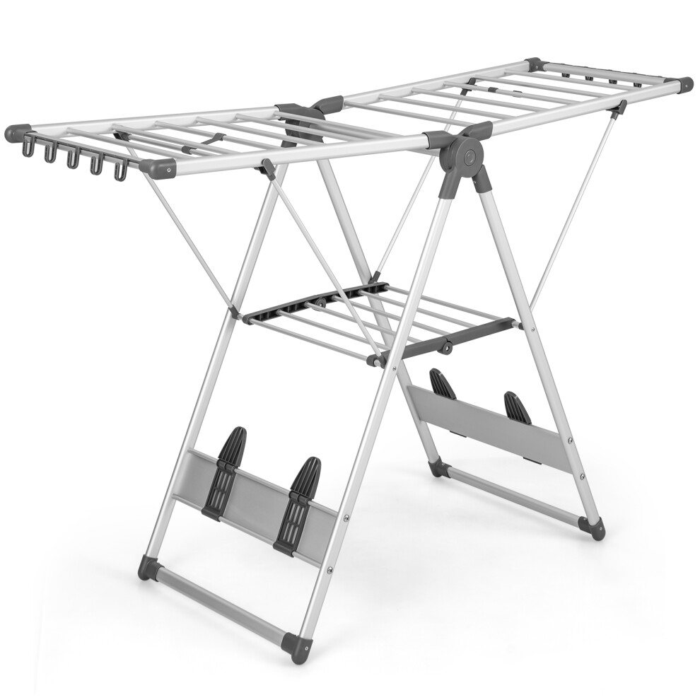 2-Layer Foldable Clothes Drying Rack Metal Clothes Hanger W/Shoe Holders