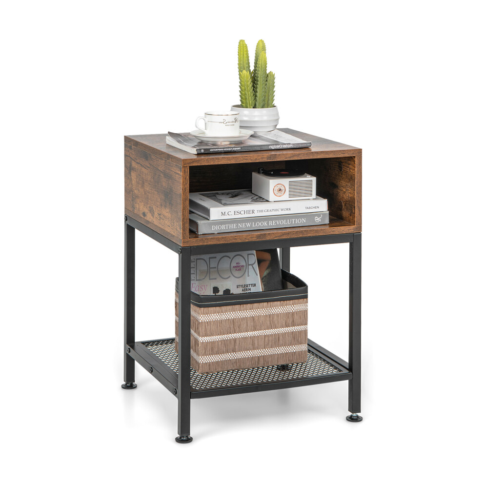 2-Tier End Table Industrial Coffee Sofa Bedside Table W/ Mesh Shelf