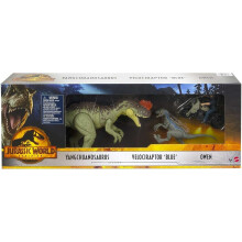 Jurassic World Dominion 3 Pack Figure & Dinosauri, Owen Grady Moto Yangchuanosaurus & Blue, Casco & Tranquillizzatore, 4 Anni e Più