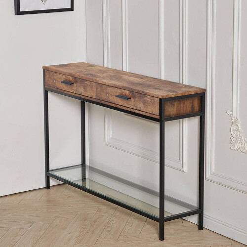 Living And Home Rustic Brown Drawer Console with Glass Shelf 2
