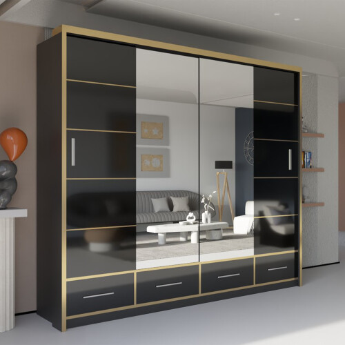 (203cm, Black) High Gloss Mirror Sliding Wardrobe