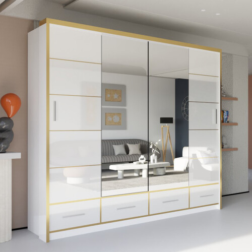 (203cm, white) High Gloss Mirror Sliding Wardrobe