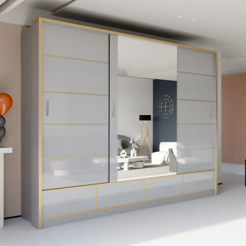 (253cm, Grey) High Gloss Mirror Sliding Wardrobe