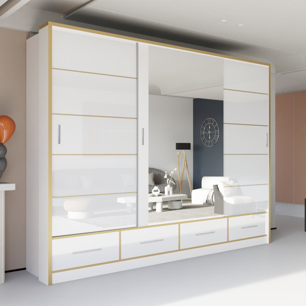 (253cm, White ) Sydney High Gloss Sliding Mirror door wardrobe