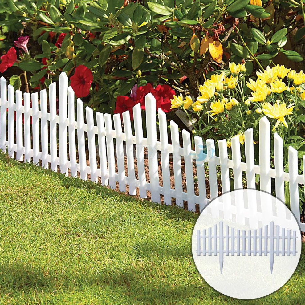(2 x 8pc Lawn Edging) KCT White Picket Fence Garden Border - Pack of 8 Panels