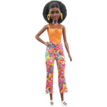 Muñeca Barbie Fashionistas con cuerpo pequeño, pelo rizado negro, atuendo retro floral