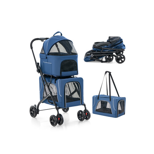 Casart Foldable 3-in-1 Dog Stroller Double Pet Stroller W/ Detachable Carriers