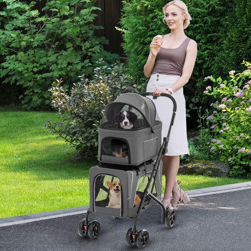 Casart Foldable 3-in-1 Dog Stroller Double Pet Stroller W/ Detachable Carriers 1