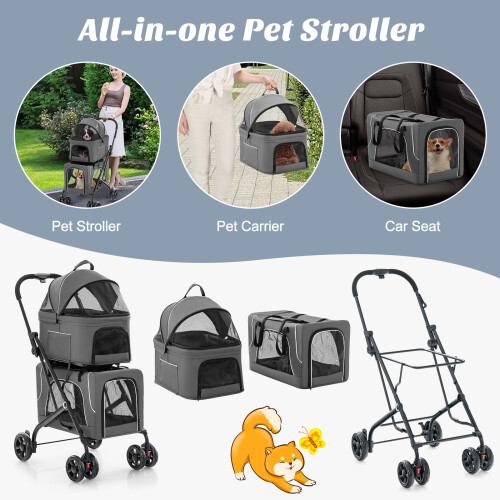 Casart Foldable 3-in-1 Dog Stroller Double Pet Stroller W/ Detachable Carriers 2