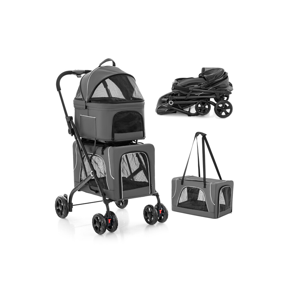 Foldable 3-in-1 Dog Stroller Double Pet Stroller W/ Detachable Carriers
