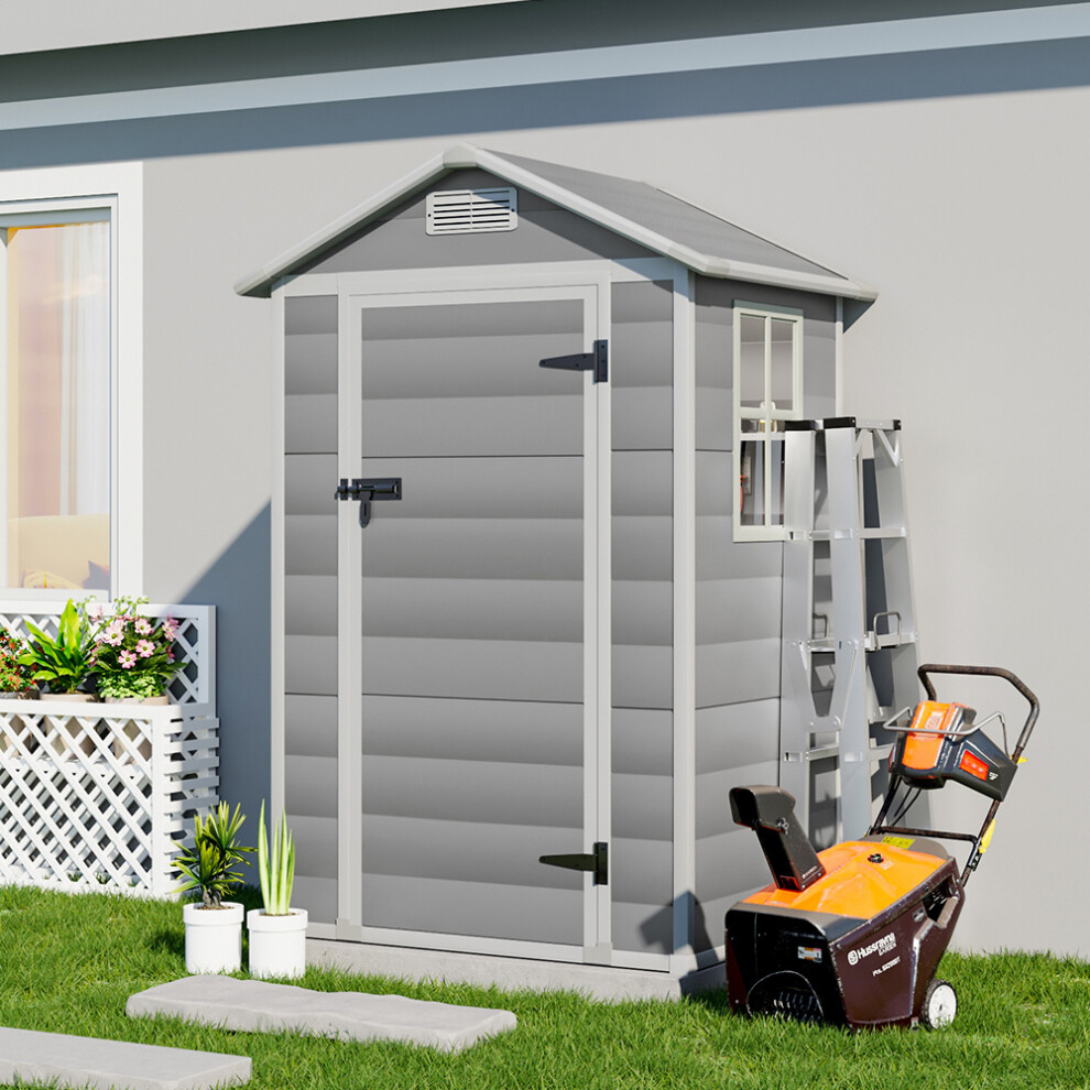 4 x 3 ft Plastic Shed Garden Storage Shed Apex Roof with Hinged Door and 2 Windows