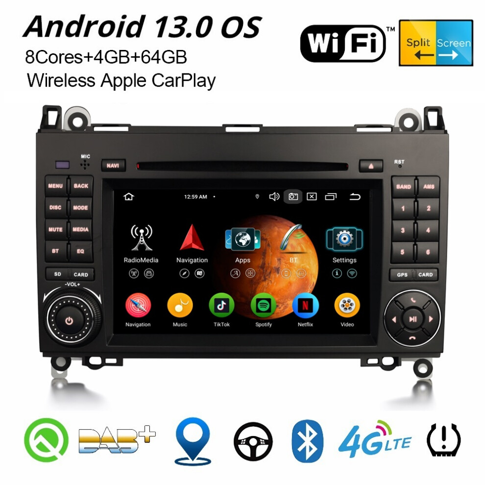 64GB Android 13 CarPlay Car Stereo GPS Radio For Mercedes A/B Class W169 Sprinter VW Crafter 8-Core DAB+ WiFi SWC BT 5.0 DSP