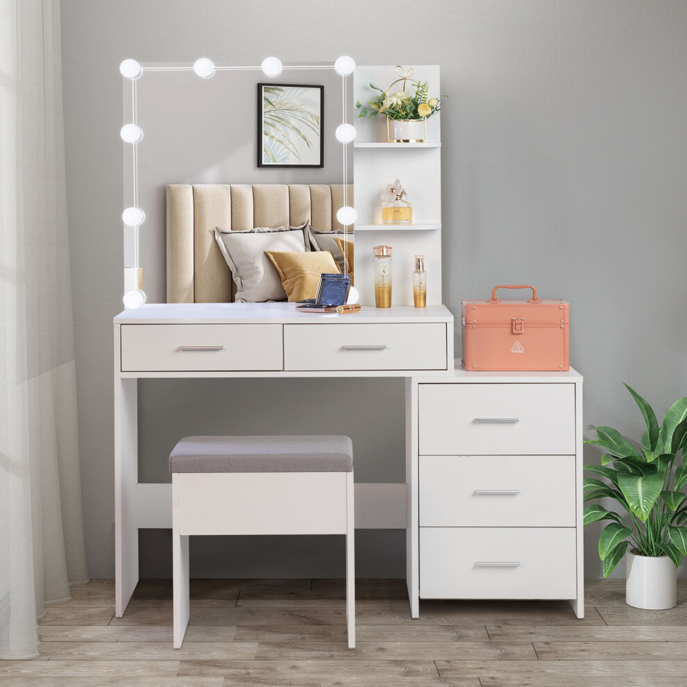 Vanity Table Dressing Table w/ LED Mirror 5 Drawers Makeup Desk Stool Set