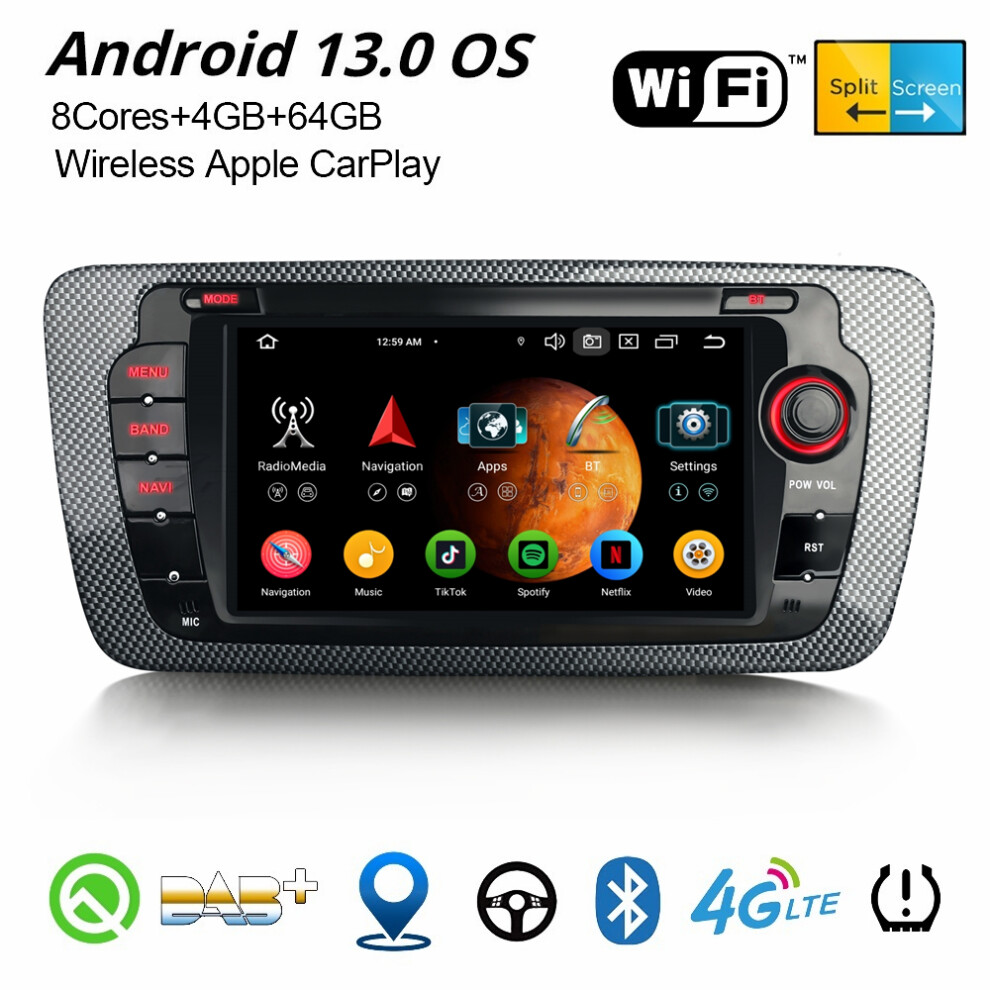 4GB+64GB Android 13 CarPlay Car Stereo GPS Radio For SEAT IBIZA 8-Core DAB+ WiFi Canbus SWC Bluetooth 5.0 DSP OBD2 TPMS