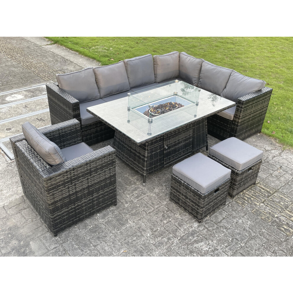 Fimous 9 Seater Outdoor Rattan Garden Furniture Corner Sofa Gas Fire Pit Table Sets