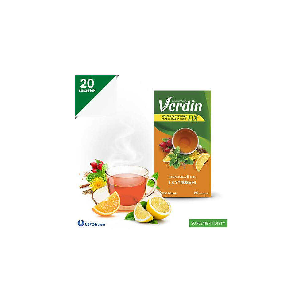 Usp Zdrowie Sp. Z O.o Verdin Fix Z Cytrusami – 20 Saszetek | Wspiera Trawienie Dzięki 6 Ziołom: Mięta, Kolendra, Kminek, Mniszek, Róża, Lukrecja