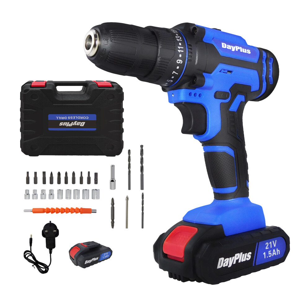 21V Cordless Electric Drill Driver Kit with 1500mAh Lithium-ion Battery 26pcs Free Accessories Dual Speed Driver 25+1 Torque Power Dril