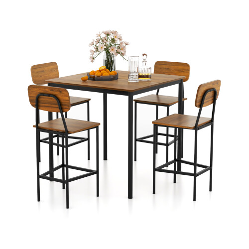 Costway 5-Piece Dining Table Set Industrial Counter Height Table 4 Bar Stools