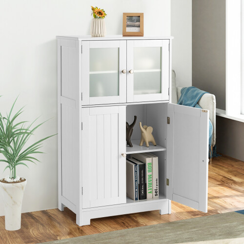 Costway 4-Door Bathroom Floor Cabinet Kitchen Cupboard W/ Adjustable Shelf 2