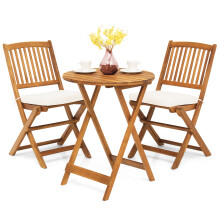 3PCS Outdoor Acacia Table & Folding Chair Patio Bistro Set w/ Cushion