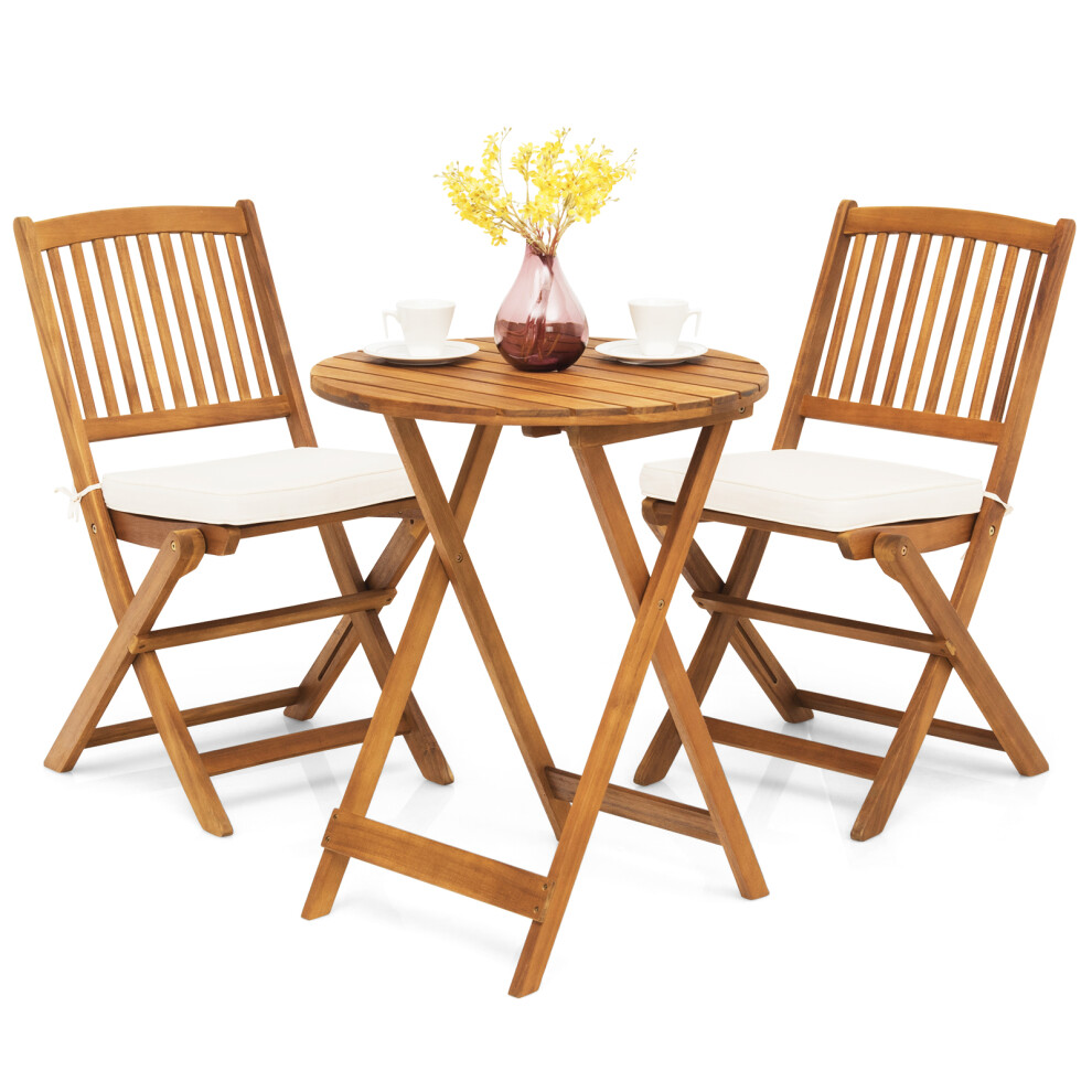 3PCS Outdoor Acacia Table & Folding Chair Patio Bistro Set w/ Cushion
