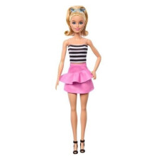 Mu   eca Barbie Fashionistas Top y falda Top a rayas con vestido de falda rosa