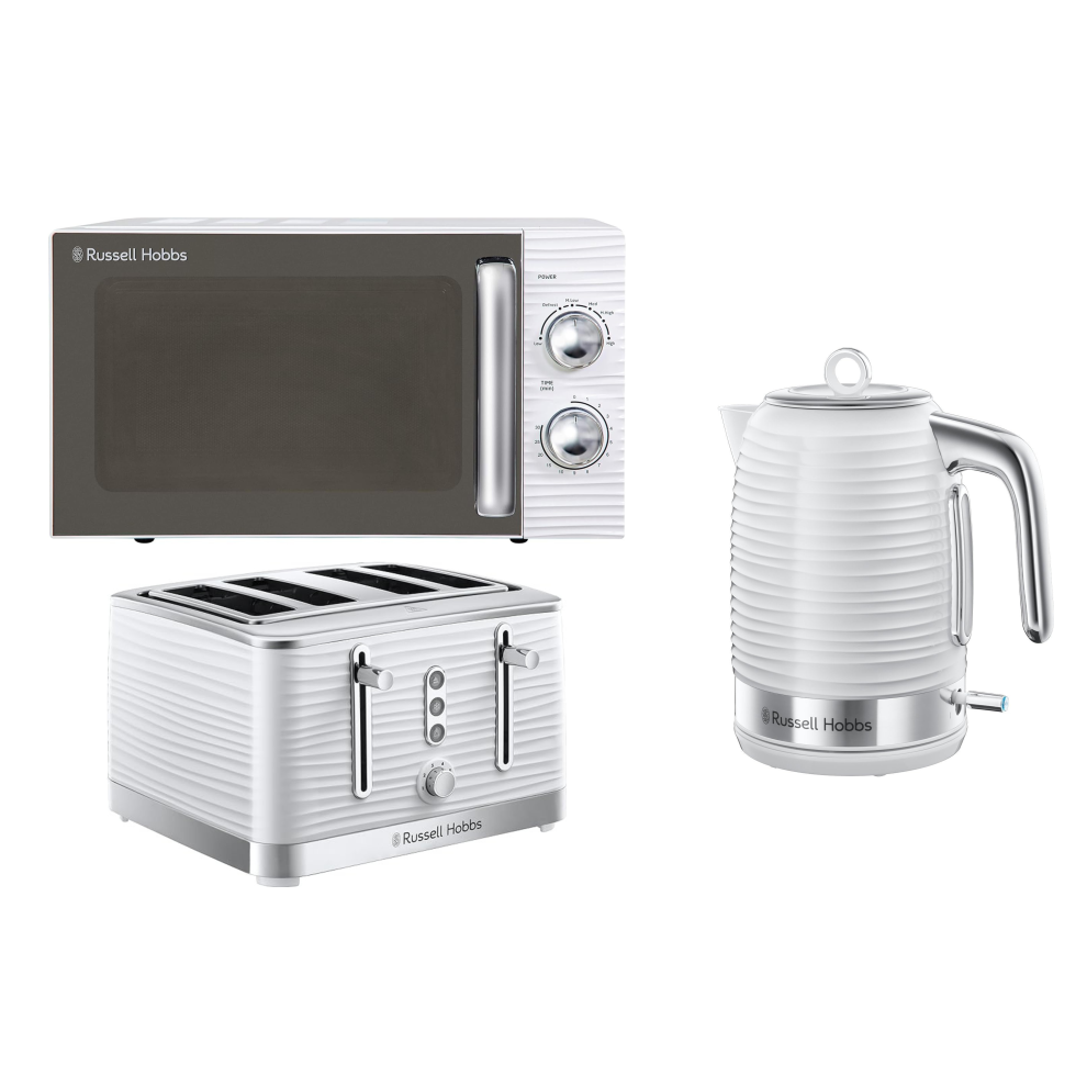 Russell Hobbs Inspire White Jug Kettle 4 Slice Toaster & Microwave Set