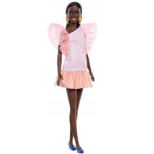 Barbie Fashionistas Pop #216 met Lange Lichaam, Zwart Haar in Lage Staart & Roze & Perzik Partyjurk