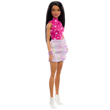 Barbie Fashionistas Puppe #215 mit schwarzem glattem Haar, pinkem Sternenoberteil & schimmerndem Rock