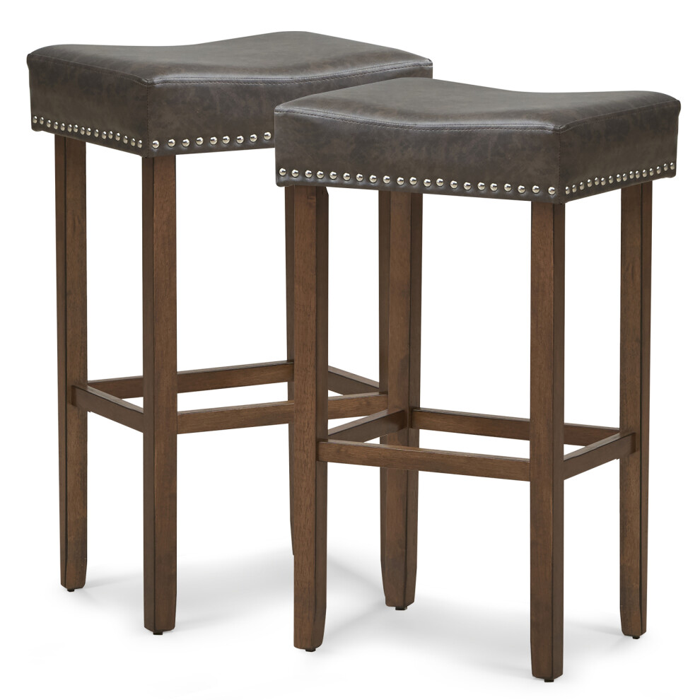 Set of 2 Leather Upholstered 74cm Saddle Stools Bar Height Kitchen Island Stools