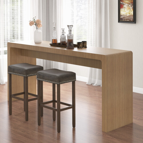 Costway Set of 2 Leather Upholstered 74cm Saddle Stools Bar Height Kitchen Island Stools 2
