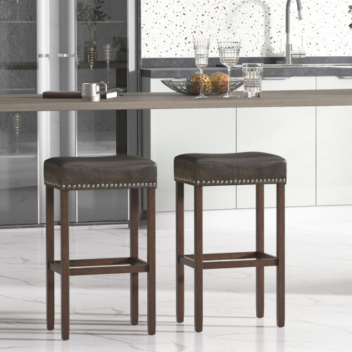 Costway Set of 2 Leather Upholstered 74cm Saddle Stools Bar Height Kitchen Island Stools 1