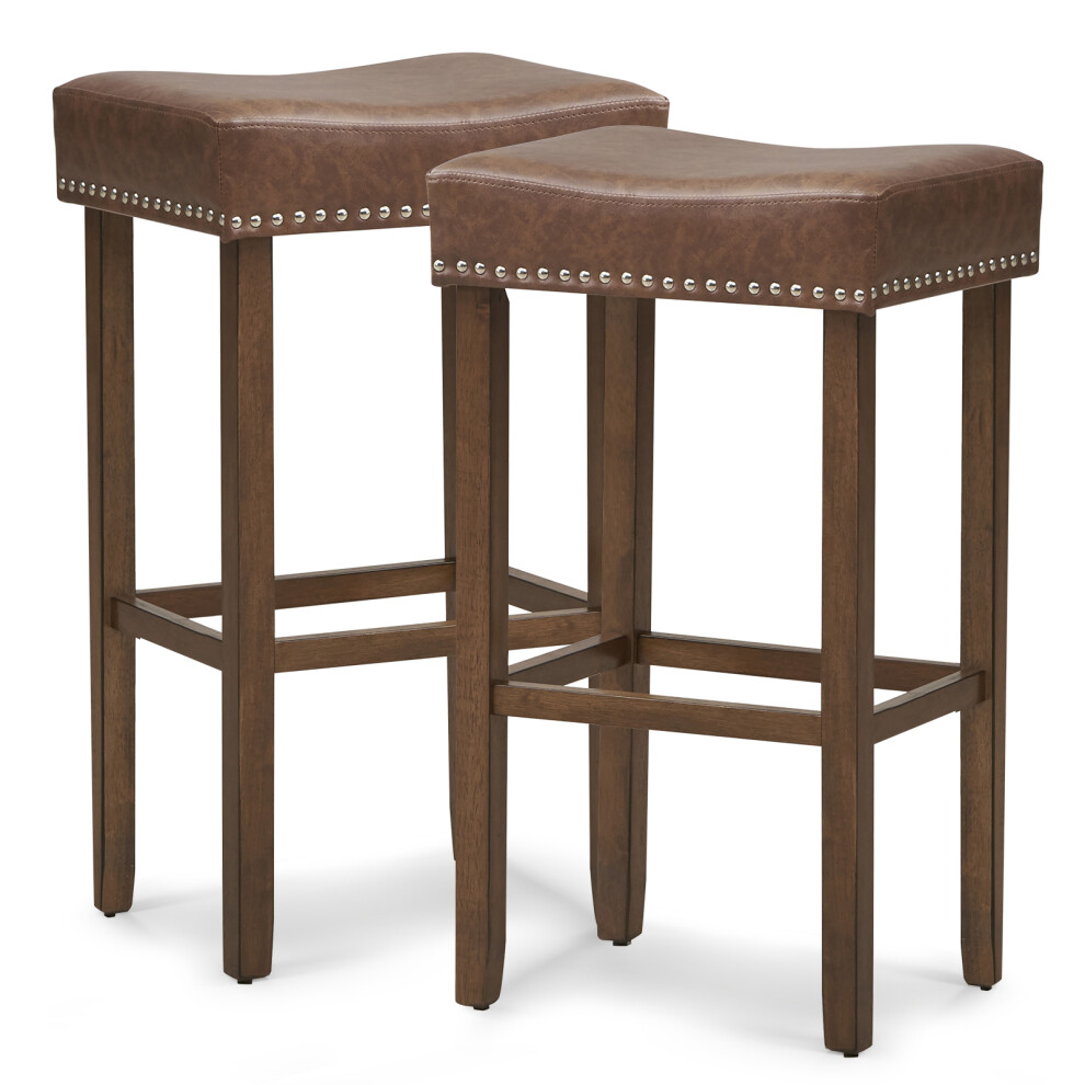 Set of 2 Leather Upholstered 74cm Saddle Stools Bar Height Kitchen Island Stools