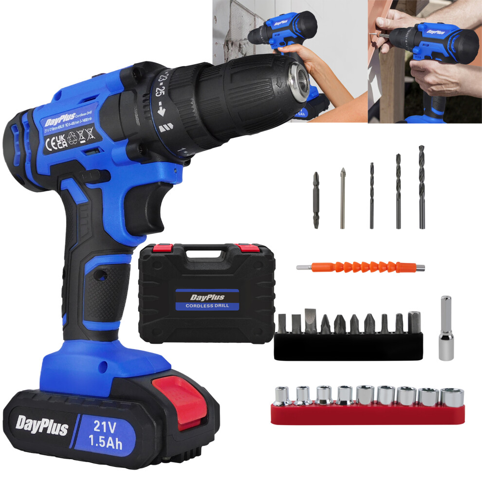 Cordless Power Drill Drill Set Variable Speed 21V 45N.m with 2 Li-ion Batteries