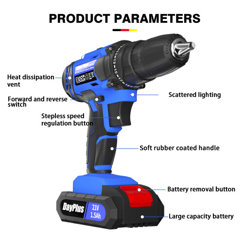 Cordless Power Drill Drill Set Variable Speed 21V 45N.m with 2 Li-ion Batteries 1