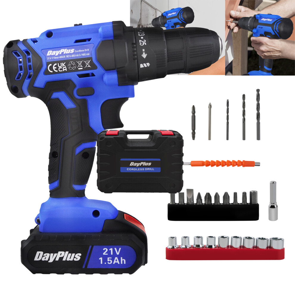 Power Drill 21V Electric Drill Set 3/8inch Keyless Chuck 400 In-lbs Torque with 26pcs Drill Bit 1.5Ah Battery Tool Set for Home